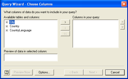 Microsoft Query, Choose Columns