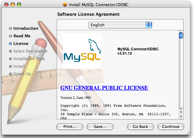 Connector/ODBC Mac OS X Installer -
              License