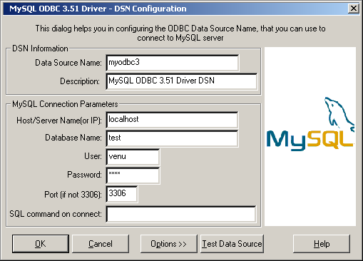 Filled-In MySQL ODBC DSN
              Configuration Dialog